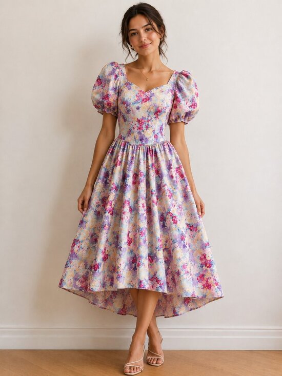 Unbranded Dresses & Skirts - Vintage Light Floral Cotton Party Dress High Low M